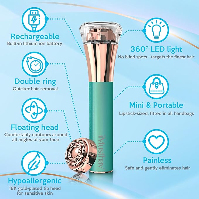 iMusthav Facial Hair Remover for Women – Painless Flawless Electric Razor, Epilator & Trimmer 18K Gold-Plated Dual Ring Floating Head 20mm, USB Rechargeable, 360° LED Light for Face, Lip & Chin