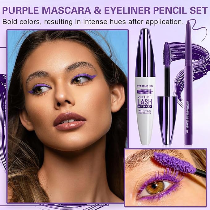 Purple Mascara and Eyeliner Set 5D Coloured Mascara for Eyelashed, Volumizing Curling Defining Eye Lashes, Long-Lasting Waterproof Purple Makeup