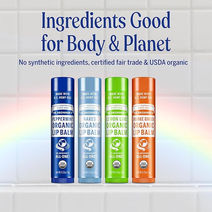 Dr. Bronner's - Organic Lip Balm (Peppermint, 0.15 ounce, 6-Pack) - Made with Organic Beeswax and Avocado Oil, For Dry Lips, Hands, Chin or Cheeks, Jojoba Oil for Added Moisture, Cooling and Hydrating
