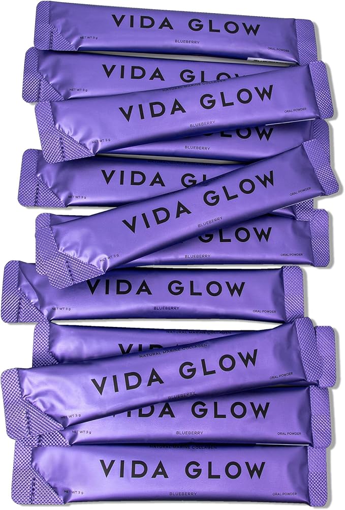 Vida Glow Marine Collagen Powder - Anti Aging Supplement with Collagen Peptides, Promotes Glowing Skin, Strong Nails, Healthy Hair | 30 Servings, Original Flavor (One Size, Blueberry)