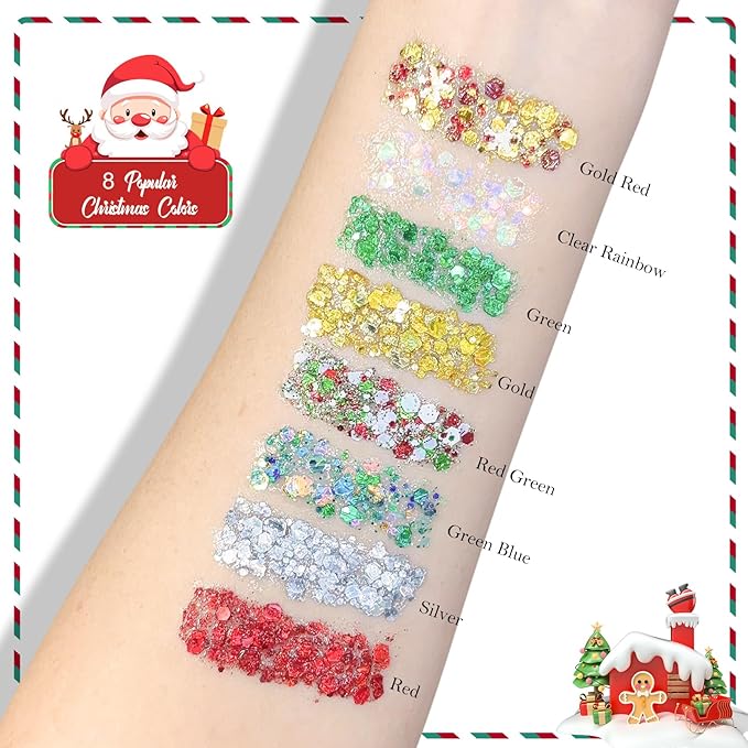 Gold Red White Body Hair Face Glitter Stick, Holographic Sequins Face Sparkle Glitter Gel Neon Outfit for Women Face Paint Christmas Accessories Rave Festival Mermaid Chunky Makeup
