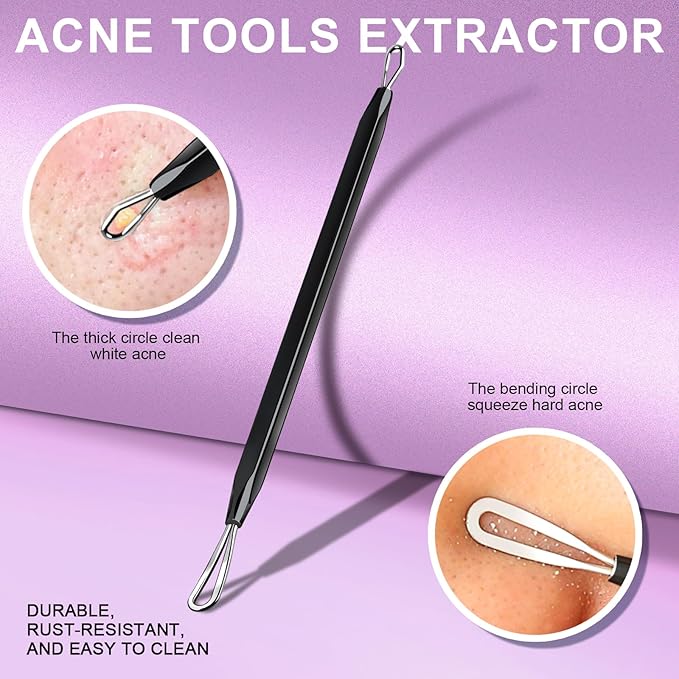 Teenitor Pimple Extractor Tool Comedone Extractor Acne Tool Blackhead Removal Tool 2-in-1 Pimple Popper Tool for Face and Nose Black