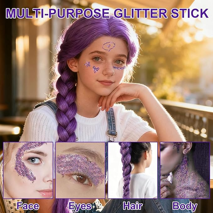 Halloween Body Glitter Stick, Black Orange Purple Sequin Hair Glitter for Rumi Costume Cosplay and Tattoos Makeup, Chunky Glitter Face Paint, Waterproof Face Glitter Gel for Glirs and Women