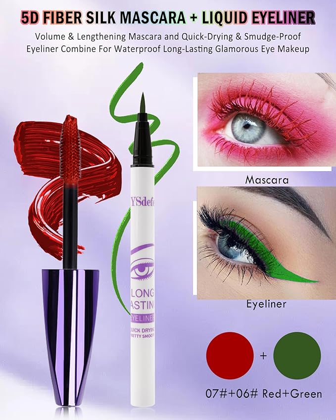 Red Mascara Green Eyeliner Set,5D Waterproof Fiber Colored Mascara Volume and Length,Longlasting Smudgeproof Color Eye Liner Pen,Cosplay Party Stage Use, Christmas Makeup Gift Kit for Women Girl
