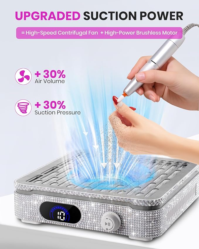 Nail Dust Collector, Powerful Suction Dust Collector for Nail Tech with 10 Speed Levels, Low Noise Nail Fan Dust Collector for Professional Salon & Home, Detachable & Easy to Clean, White