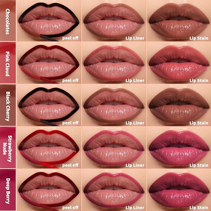 KIMUSE 5Pcs Peel Off Lip Stain, Lip Liner Stain Long Lasting, Waterproof, Transfer-Proof, Highly Pigmented Color Lip Tint Stain Set, Matte Finish