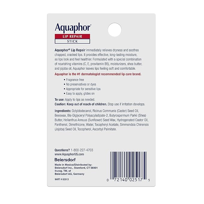 Aquaphor Lip Repair Stick, Moisturizing Lip Balm Pack, Relieves Dryness, 0.17 Oz Stick, Pack of 2