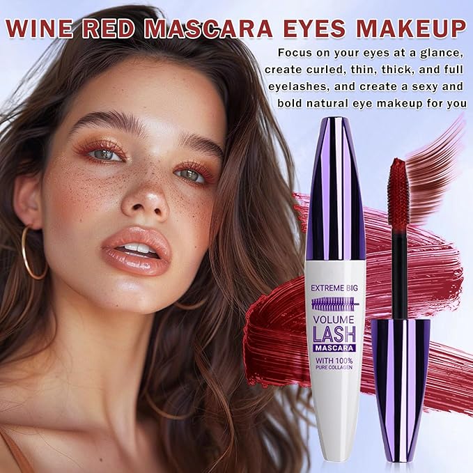 Burgundy Mascara for Eyelashes,5D Colored Mascara Volume and Length Waterproof,Natural Curling for Women Eye Makeup