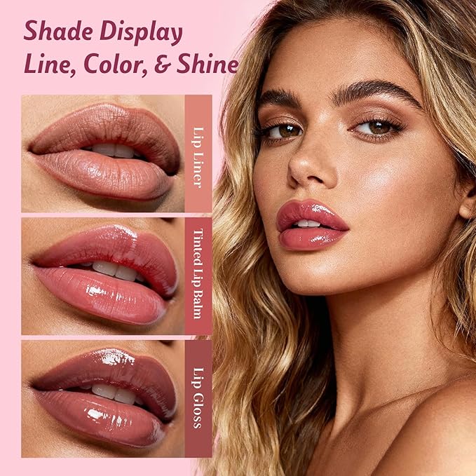 KIMUSE 3PCS Lip Combo Set - Matte Lip Liner Pencil + Hydrating Tinted Lip Balm + Juicy Lip Gloss Tint, Non-Sticky, Long-Lasting, High Pigment Lip Makeup Kit (Sweet Fig Set)