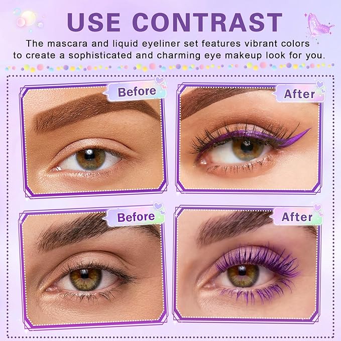 Purple Mascara and Eyeliner Set 5D Coloured Mascara for Eyelashed, Volumizing Curling Defining Eye Lashes, Long-Lasting Waterproof Purple Makeup