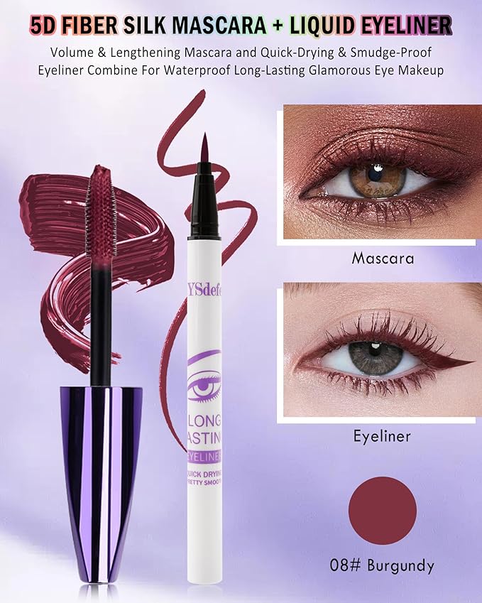 Burgundy Mascara Liquid Eyeliner Set,5D Waterproof Silk Fiber Colored Mascara Volume and Length,Longlasting Smudgeproof Color Eye Liner Pen,Christmas Colorful Eye Makeup Gift Kit for Women Girl-08