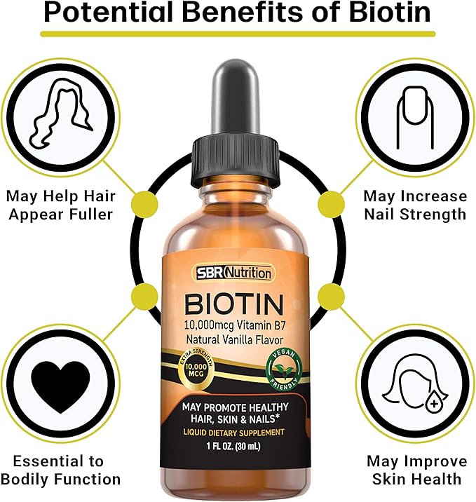 MAX Absorption Biotin Liquid Drops, 10000mcg of Biotin Per Serving, 60 Serving, No Artificial Preservatives, Vegan Friendly, Supports Healthy Hair Growth, Strong Nails and Glowing Skin, Made in USA