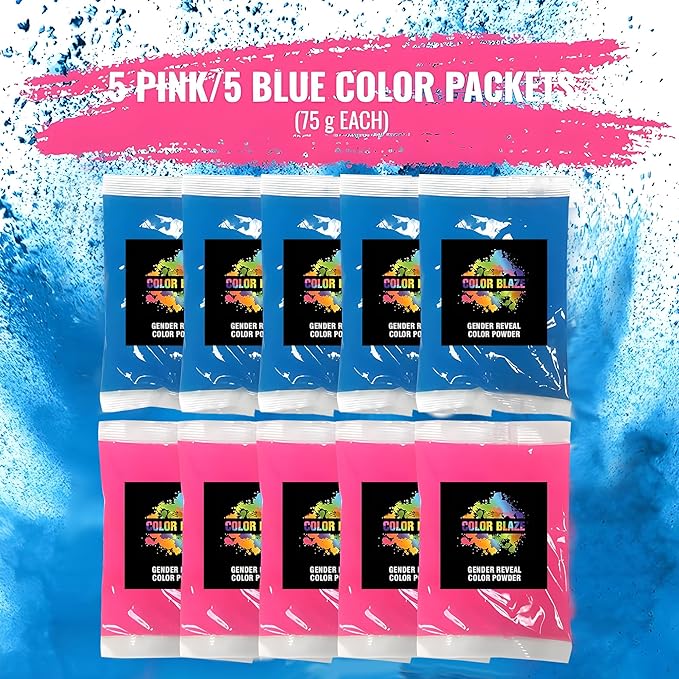 Color Blaze Baby Gender Reveal Color Powder Packets - 75 g Each - 5 of Each Colored Powder - Pink & Blue - For Car & Motorcycle Burnout, Toss, Photoshoot, Party & Festival - Combo Pack of 10