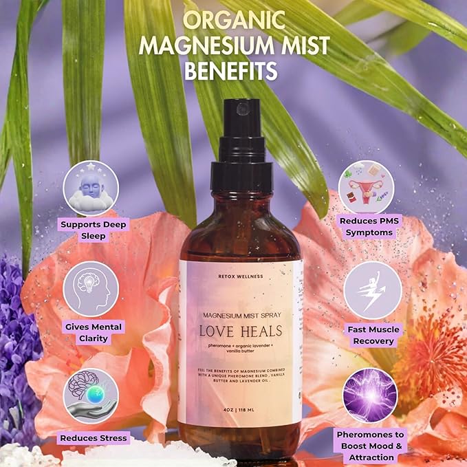 Retox Wellness LOVE HEALS Magnesium Mist| Pure Magnesium Oil Spray with Lavender & Vanilla| Body & Foot Spray Refreshes Tired Skin| Calming Essential Oils for Relaxing & Uplifting Feel, 4oz