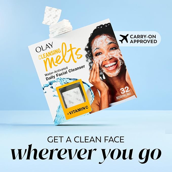 Olay Face Wash, Vitamin C Cleansing Melts, Daily Use Gentle Cleanser, For All Skin Types, Travel Size, Soft Citrus Scent, Water-Activated to Clean, Tone, and Refresh, 64ct (2 Pack x 32ct)