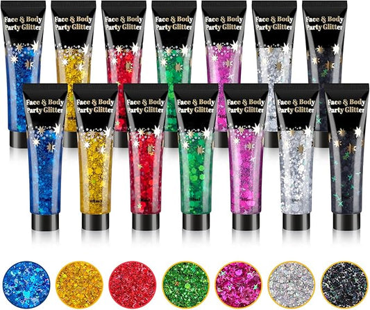AROIC Face Glitter, 14Pcs Body & Hair Glitter Gel Sparkle Makeup for Women Party Rave Outfits, Concerts Festival Face Paint，Rave Accessories for Music Festivals Black Light Party (7 Colors)