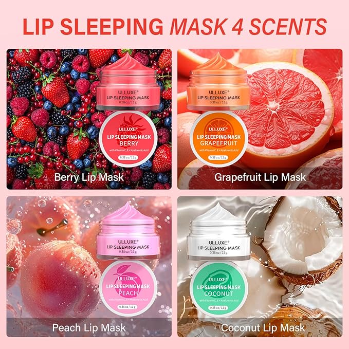Lip Mask Set 4 Pcs, Valentine's Day Gifts for Women, Overnight Lip Sleeping Mask with Shea Butter, Hyaluronic Acid & Vitamin C, Nourishes Hydrates Dry, Flaky Lips, Moisturizing Lip Care Gift