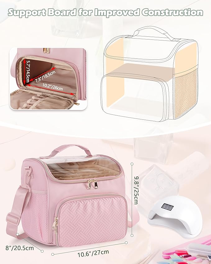 Nail Polish Organizer Bag Holds 42 Bottles(15ml/0.5 fl.oz), Double Layer Nail Storage Case for Gel Polish and Manicure Tools, Travel Nail Bag, Pink