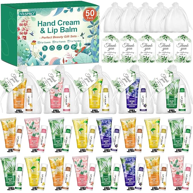 50 Sets Bulk Hand Cream and Bulk Lip Balm, Valentines Day Gifts for Her, Mothers Day Gifts, Bridal Shower Favors for Guests with Thank Card Organza Bags, Wedding Favors, Teacher and Nurse Gift