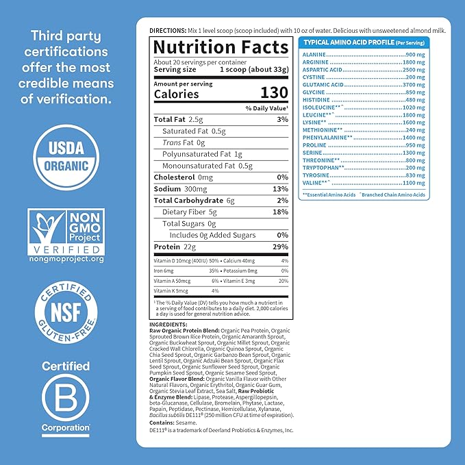 Garden of Life Protein Powder, Vegan Protein Powder, BCAA, Probiotics & Digestive Enzymes, Gluten & Lactose Free, Vanilla, 1.5 LB