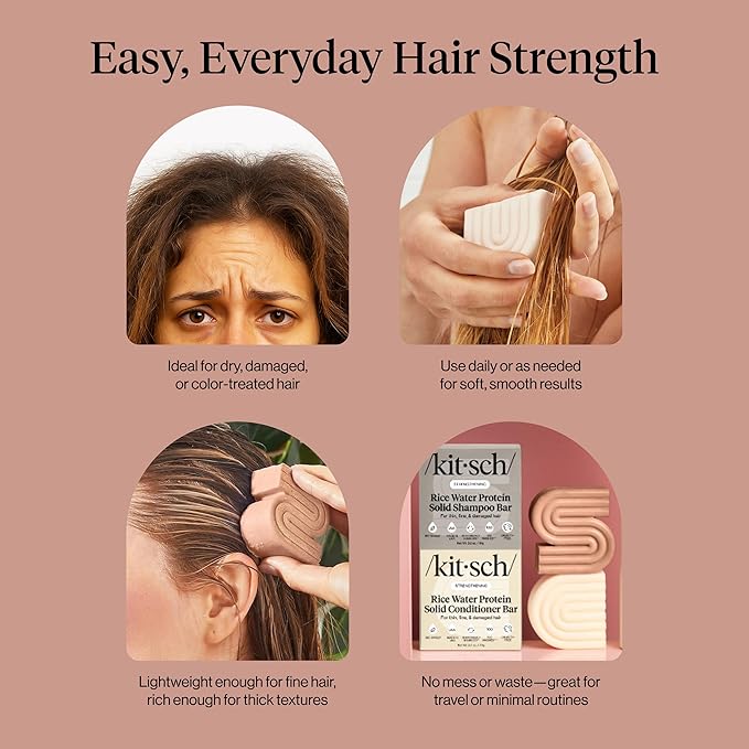 Kitsch Rice Water Protein Solid Shampoo and Conditioner Set for Hair Growth – Strengthening Hair Care Duo w/Rice Protein & Vitamins for Damage Repair – Paraben, Sulfate & Silicone Free, Made in USA