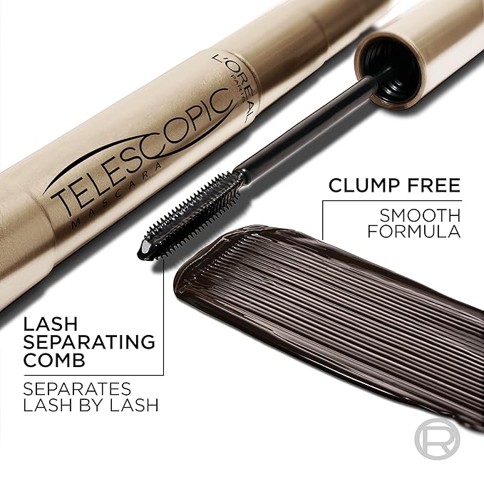 L'Oreal Paris Makeup Telescopic Original Lengthening, Lash Separating Mascara with Dual Precision Brush, Washable, Blackest Black, 0.27 Fl Oz., 2 Count