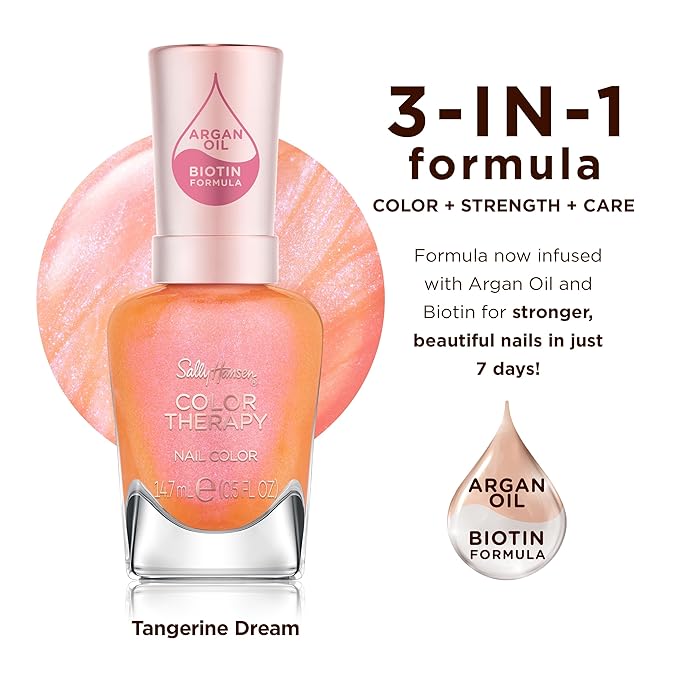 Sally Hansen Color Therapy Nail Polish | Biotin, Argan Oil, Long Lasting, Healthy Nails, Nail Strengthener, Opaque, Shimmery | 290 Tangerine Dream | Orange Coral Nail Color