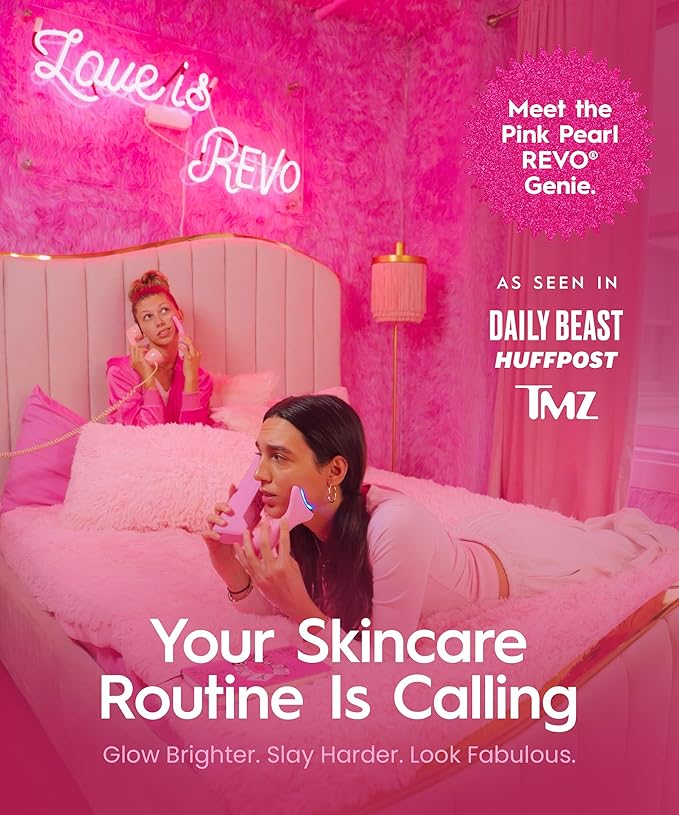 REVO Genie | 3-in-1 Face & Neck Beauty Massager with Heat, 3 Light Therapies, Smart Vibration | Red Light, Blue Light, Green Light Therapy for Smooth Glowing Skin - Pink Pearl