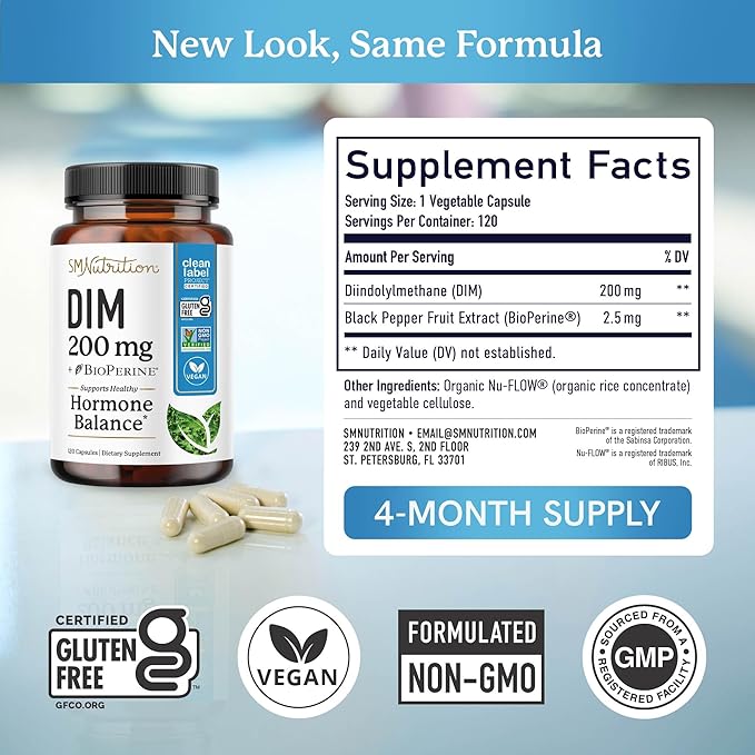 DIM Supplement 200 mg (120 Ct) | Estrogen Balance for Women & Men | Hormone Balance, Hormonal Acne Supplements, Menopause, Antioxidant & PMS Support | Non-GMO, Vegan, Soy Free | 4 Month Supply