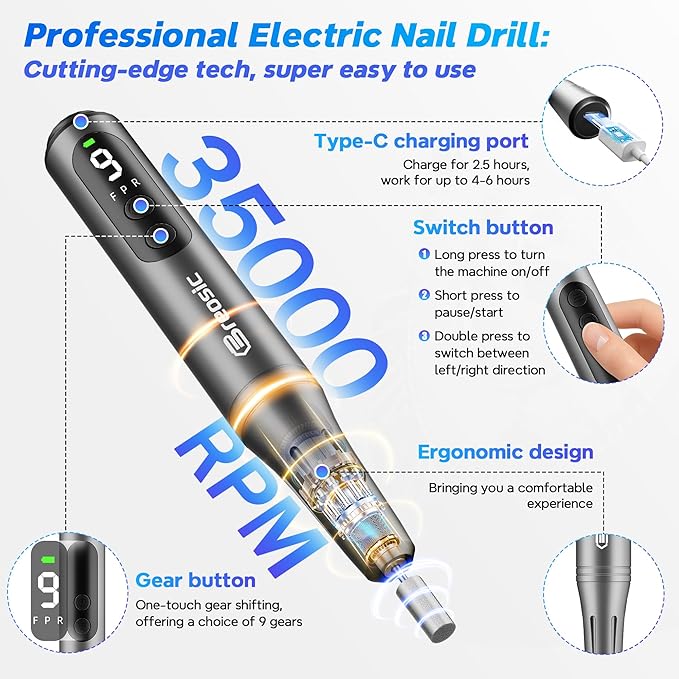 Breosic Electric Nail Drill,12-in-1 Nail File Portable 35000RPM,USB-Rechargeable Cordless Nail Drill Professional with 9-Speed & LED Display Manicure Pedicure Nail Kits forGel Nails & Acrylic(Gray)