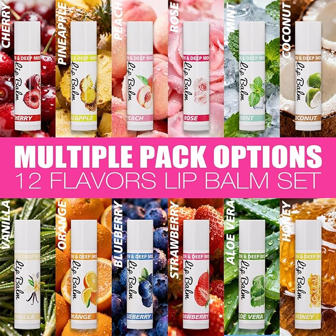 Jolilab Lip Care, Flavored Moisturizing Lip Balm Variety Pack, 12 Flavors: Honey, Pineapple, Mint, Orange, Coconut & More, Long-Lasting Hydration, 0.17 Oz/Stick, 12-Pack