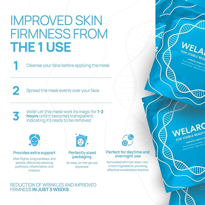 Welaroise Bio Protein Collagen Hydrogel Deep Face Mask - 35% More Collagen, Intense Hydration & Moisturization, Firming, Anti-Aging, Skin Renewal, Korean Skincare (Pack of 16)
