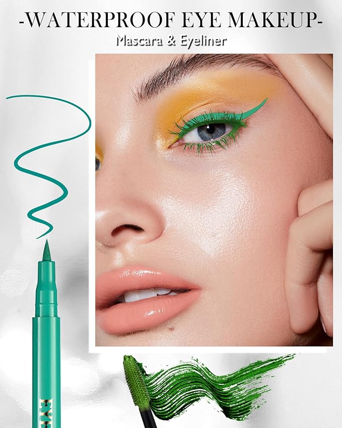 Green Waterproof Mascara & Eyeliner, 5D Silk Fiber Lash Extension Colored Tube Mascara Volume and Length,Long-Lasting Smudge-Proof Volumizing Colorful Máscara and Liquid Eyeliner Pen Set for Women