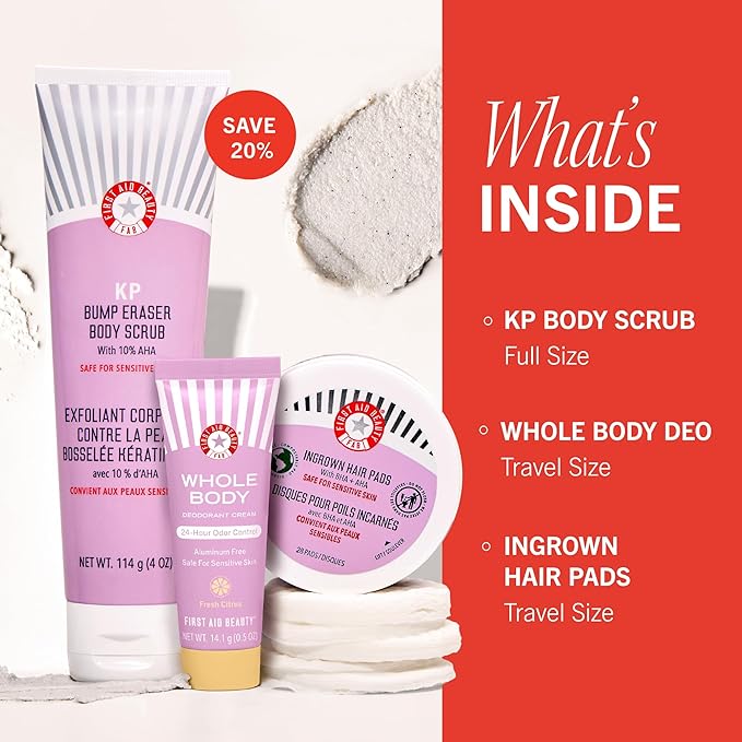 First Aid Beauty Smooth + Fresh Body Kit - Skin Care Gift Set with KP Bump Eraser Body Scrub, Whole Body Deodorant & Ingrown Hair Pads - Travel Friendly Skincare Set