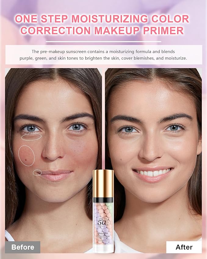 3 In 1 Primer for Face Before Makeup, SPF 50+++Sunscreen Isolation Cream One Step Concealer Color Corrector Primer Base,Moisturizing&Oil Control Skin Tone Correcting Foundation for Women Radiance Skin
