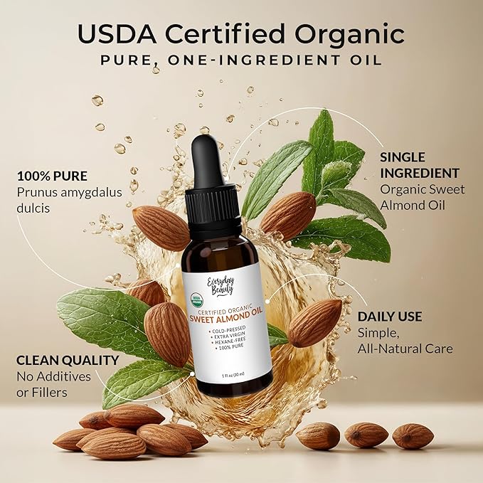 Organic Sweet Almond Oil | 100% Pure, Cold-Pressed, Unrefined | USDA Certified Organic | Amber Glass Bottle with Glass Dropper | For Face, Skin & Hair - 1 Fl Oz