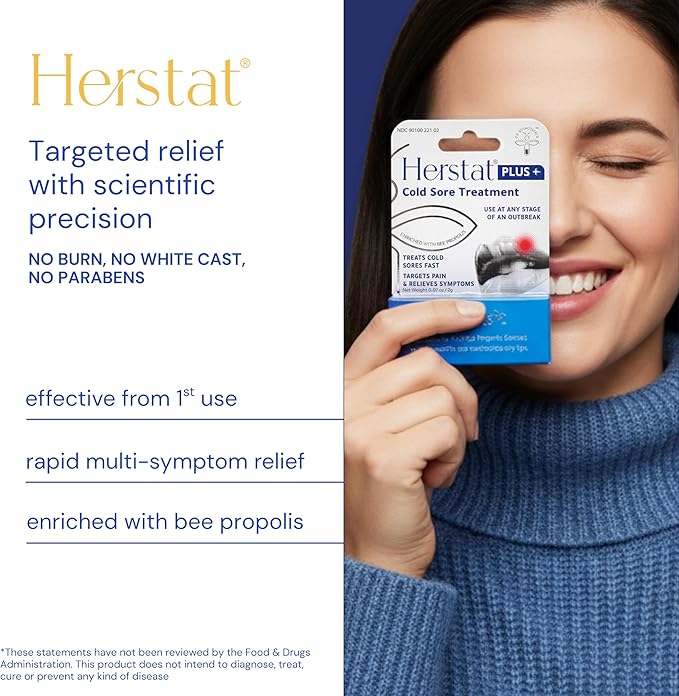 Herstat+ Cold Sore Treatment 2g with 3% Propolis - Fast Acting Cold Sore & Fever Blister Treatment for Lips, Effective Lip Treatment