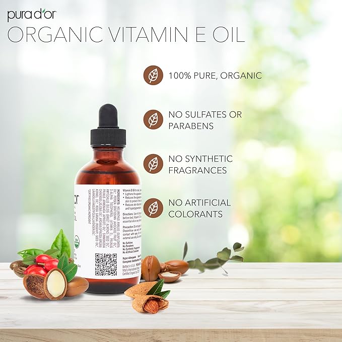 PURA D'OR 4 Oz Organic Vitamin E Oil – USDA Certified Face, Body, Hair & Bath Oil with Argan, Jojoba, Rosehip, Apricot, Almond & Avocado – Lightweight Moisturizing Blend for Soft, Smooth Skin