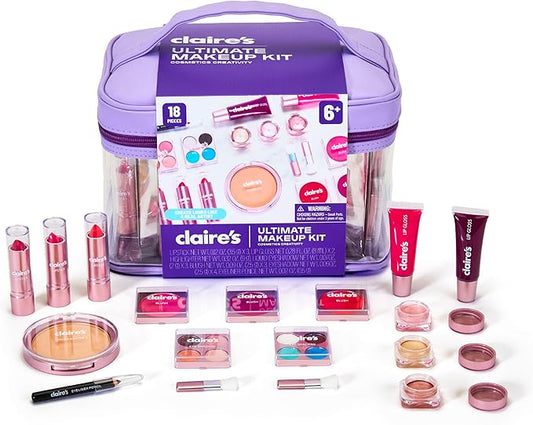 Claire's Ultimate Makeup Kit, 18-Piece Real Cosmetic Set, Makeup for Kids 8-12, Girl Toys & Beauty Activity Gift with Lip Gloss, Lipstick, Eyeshadow, Eyeliner, Blush, Highlighter & Carry Case