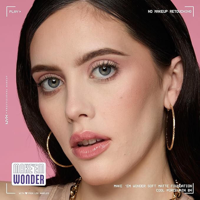 NYX PROFESSIONAL MAKEUP Make 'Em Wonder Liquid Foundation, 24HR Foundation Makeup With A Soft Matte Finish, Buildable Full Coverage - 04 Cool Porcelain