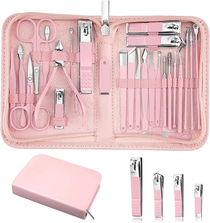 26-Piece Professional Manicure Set (Pink)，Features Stainless Steel Tools, Carbon Steel Clippers & Travel Case for Women's Home and Travel Grooming，Luxury Nail Care Gift for Her.