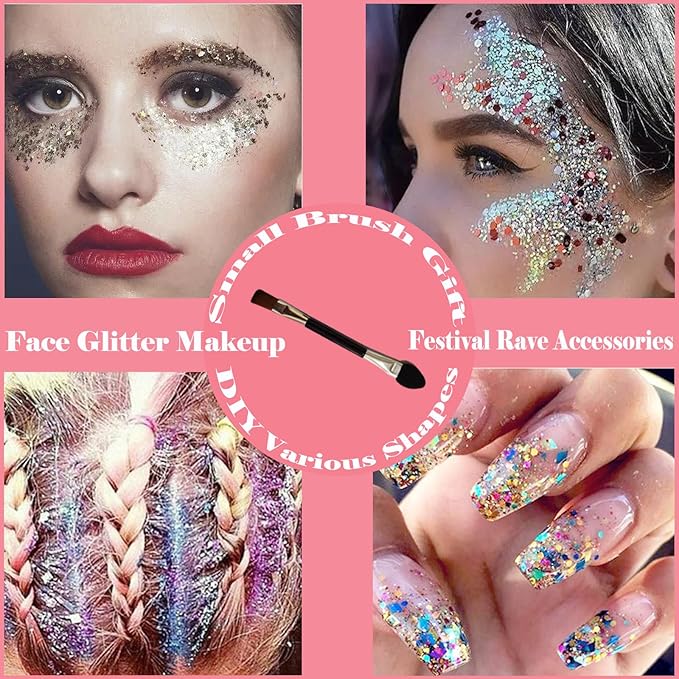 Body Glitter Face Glitter Gel: Singer Concerts Disco Festival Rave Accessories Face Glitter Makeup Chunky Sequins Mermaid Face Body Hair Glitter Gel (Pink&Gold&Blue)