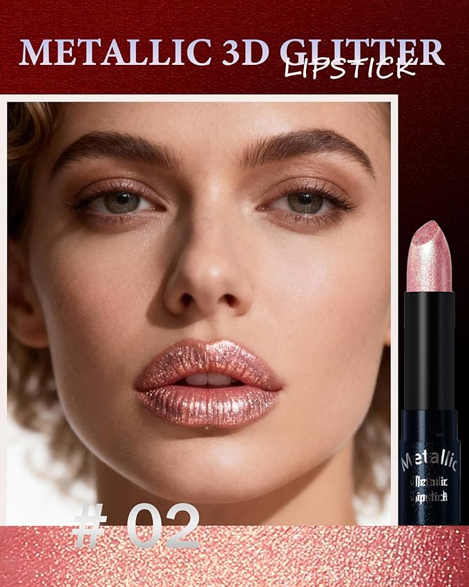 Glitter Peach Pink Metallic Lipstick for Women,Long Lasting Shimmer Sparkling Diamond Lipstick Glitter High Pigmented Lip Gloss Metallic Matte Red Lip Color Stain Waterproof,Non Stick Lips Makeup-02