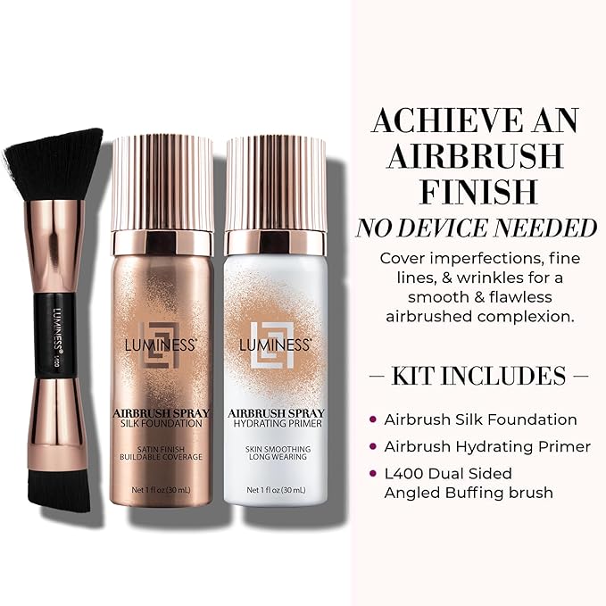LUMINESS Silk Airbrush Spray Foundation 3-PC Kit - Foundation, Primer & Dual-Sided Angled Makeup Brush - Buildable Coverage, Anti-Aging Formula, Humidity Resistant, Hydrates & Moisturizes, Medium