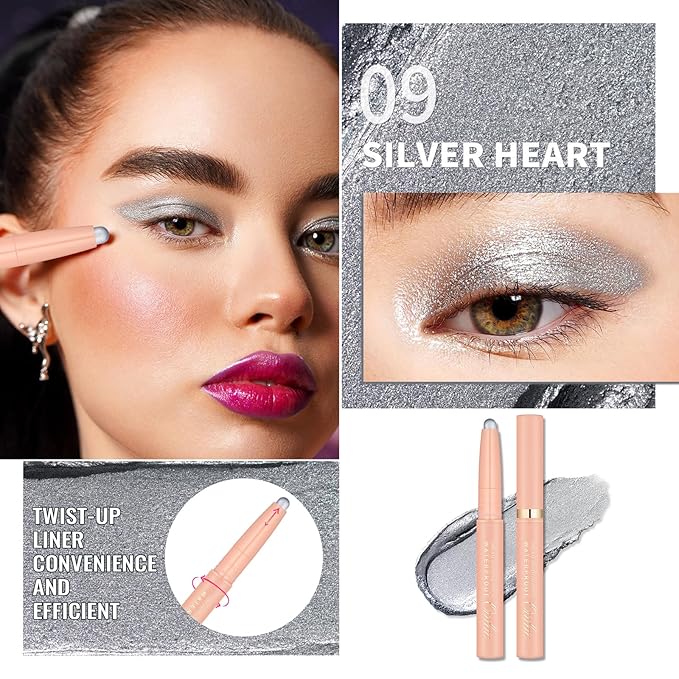 Oulac Waterproof Silver Eyeshadow Pencil – Twist-Up Crayon, Creamy Blendable Texture, Vegan & Cruelty-Free Eye Makeup, 1.25g, 09 Silver Heart