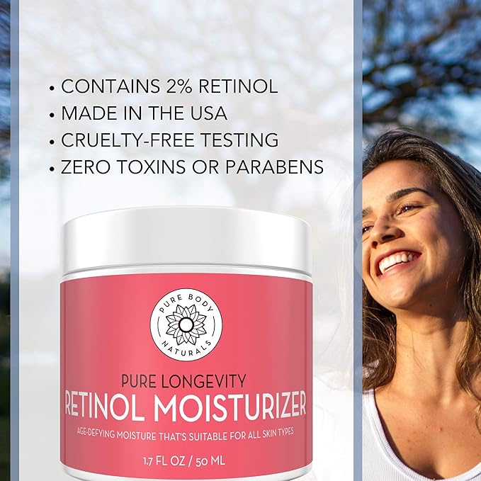 Pure Body Naturals Retinol Moisturizer, 1.7 Ounces - Moisturizing Retinol Cream for Face, Age Defying Eye Cream for Wrinkles and Lines with Hyaluronic Acid, Shea Butter, and Jojoba Oil (Pack of 2)