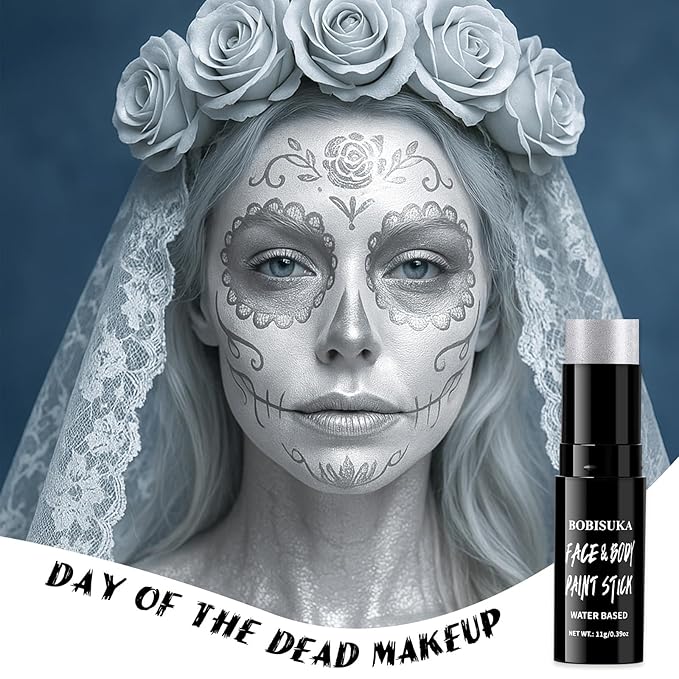 BOBISUKA Metallic Silver Face & Body Paint Stick Water-Based Washable Face Paint Makeup Stick for Halloween Skull, Goth, Robot, Ice Queen, Galaxy, Cosplay, SFX, Sports Eye Black & Costume Party