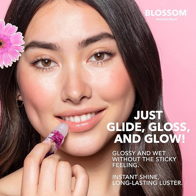 Blossom Roll on Lip Gloss, Gourmand Scented Clear High Shine Moisturizing Lip Oil, Non Sticky, Infused with Real Flowers, Made in USA, 0.2oz, Almond Biscotti