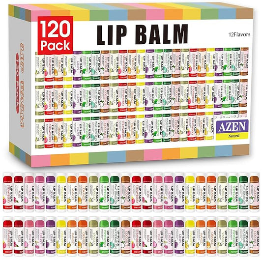 AZEN 120 Pack Lip Balm, Natural Lip Balm Bulk, Lip Care Product, Moisturizing Lip Balms for dry cracked lips - 12 Flavors