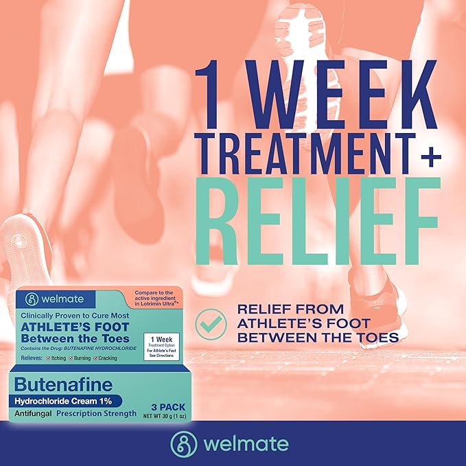 WELMATE - Butenafine Hydrochloride 1% (3 Pack) Antifungal Cream - Athletes Foot Treatment, Jock Itch, Ringworm - Itching, Cracking, Scaling - Clinically Proven - Over-the-Counter Medication, Foot Care
